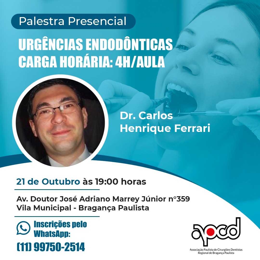 Palestra Urgências Endodônticas na APCD Bragança Paulista.